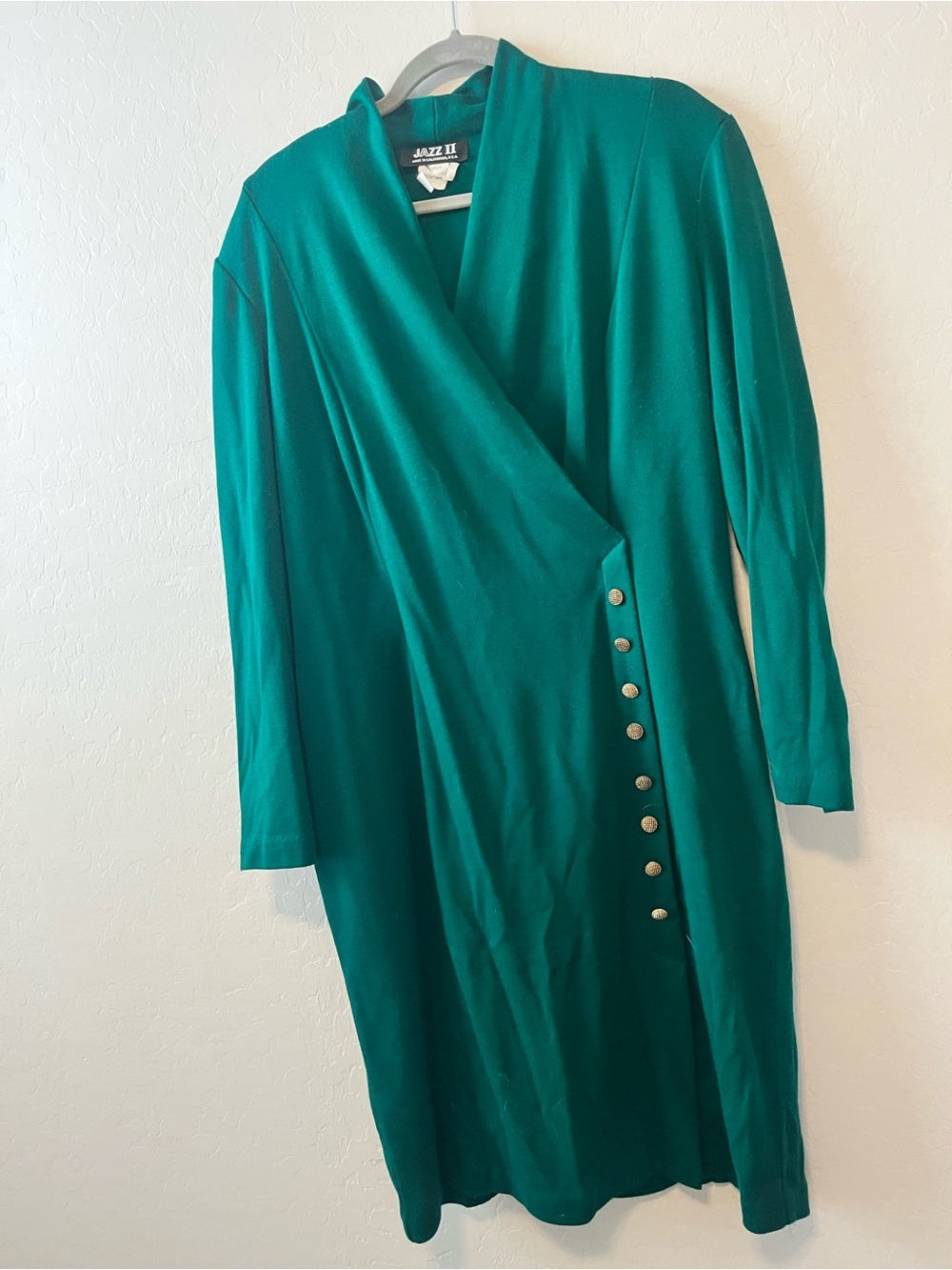 Vintage 80s Dark Green Long Sleeve Wrap Dress with Side Button Accents